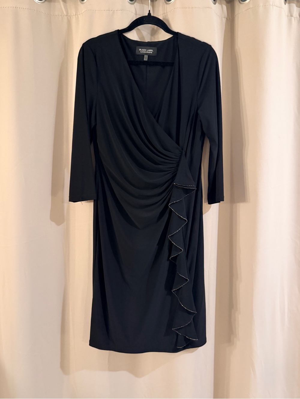 Evan Picone Black Faux-Wrap Ruffle Dress